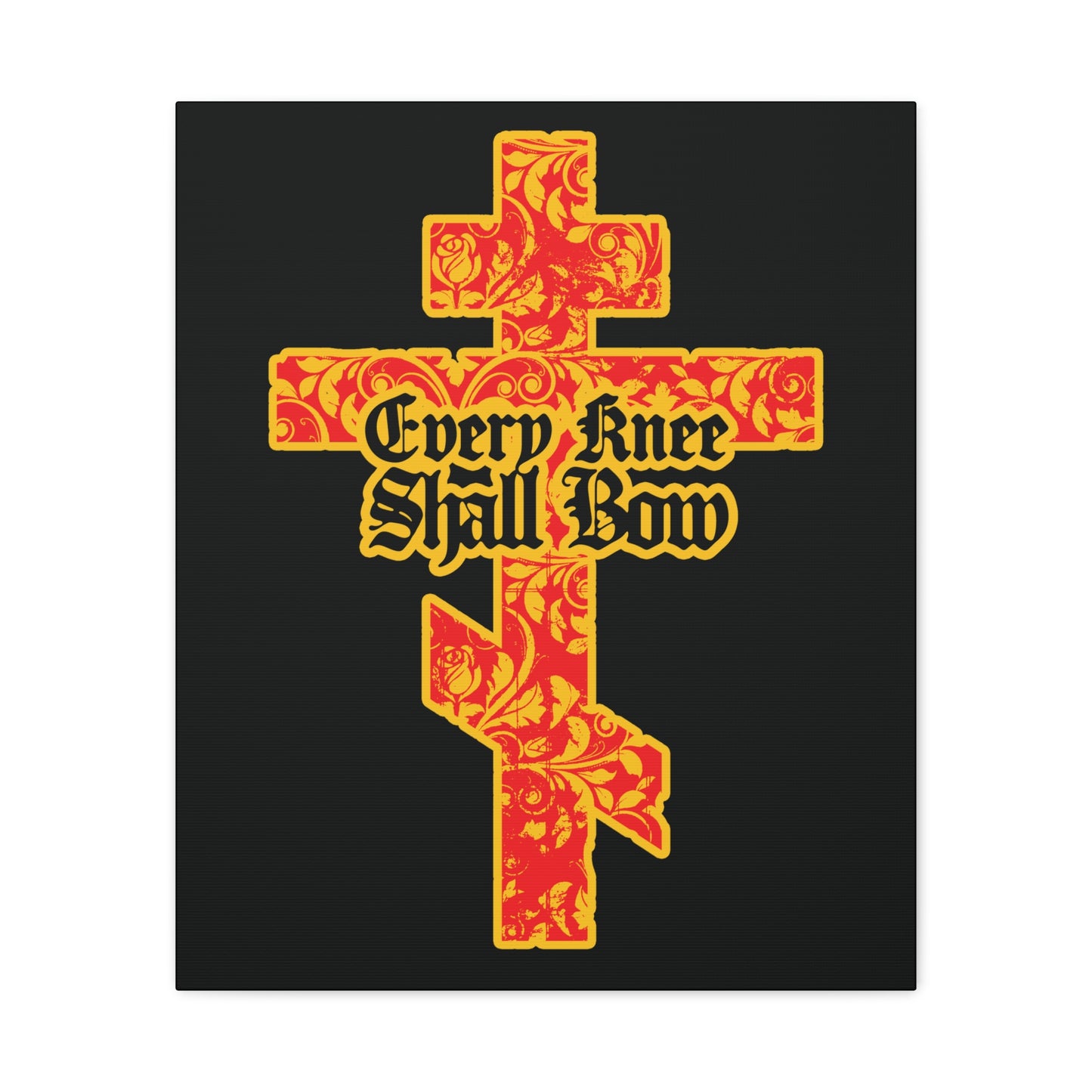 A gold and red floral Orthodox cross with gothic lettering featuring "Every Knee Shall Bow" (Isaiah 45:22-24, Phil 2:7-11) on black, from the Christian wall art collection.