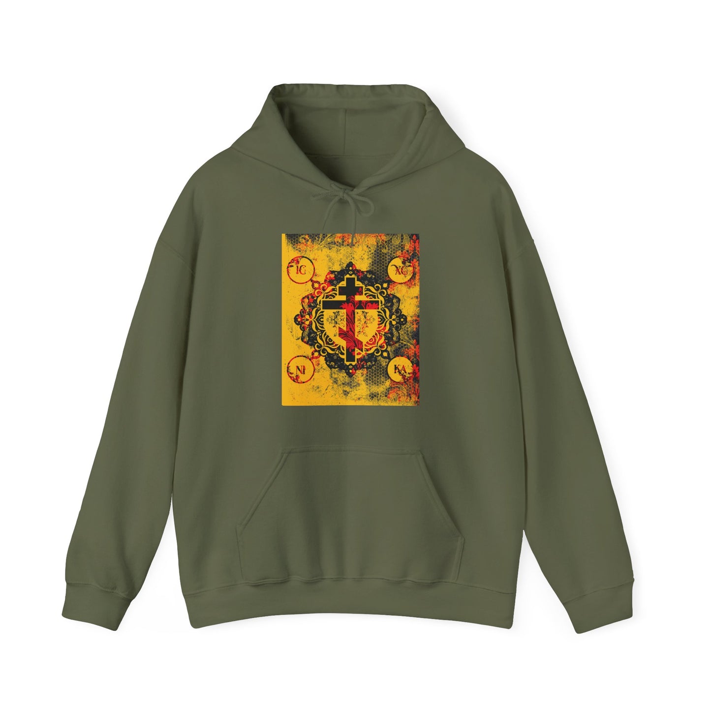 IC XC NIKA Orthodox Cross | Yellow & Red Modern & Medieval Textured Floral Design | Orthodox Christian Hoodie