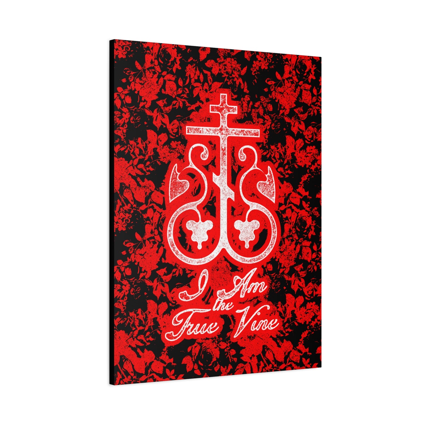 I Am the True Vine (John 15:1) | Orthodox Cross Vine Monogram | Red and Black Floral Design | Orthodox Christian Canvas Art