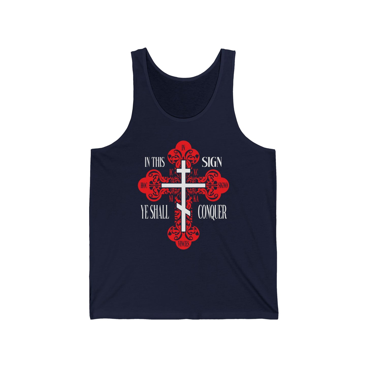 Navy tank top featuring a red ornate Orthodox cross and “In This Sign Ye Shall Conquer” (ICXC NIKA), inspired by the Prayer of the Holy Cross. Part of the Jesus Christ Conquers collection.