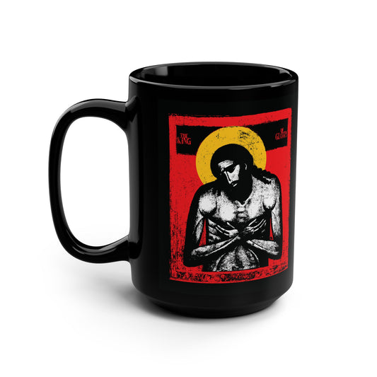 The King of Glory Jesus Christ "Extreme Humility" IconoGraphic Black Mug features a sorrowful figure with a yellow halo on a red background, inspired by Christian devotion and the wisdom of God.