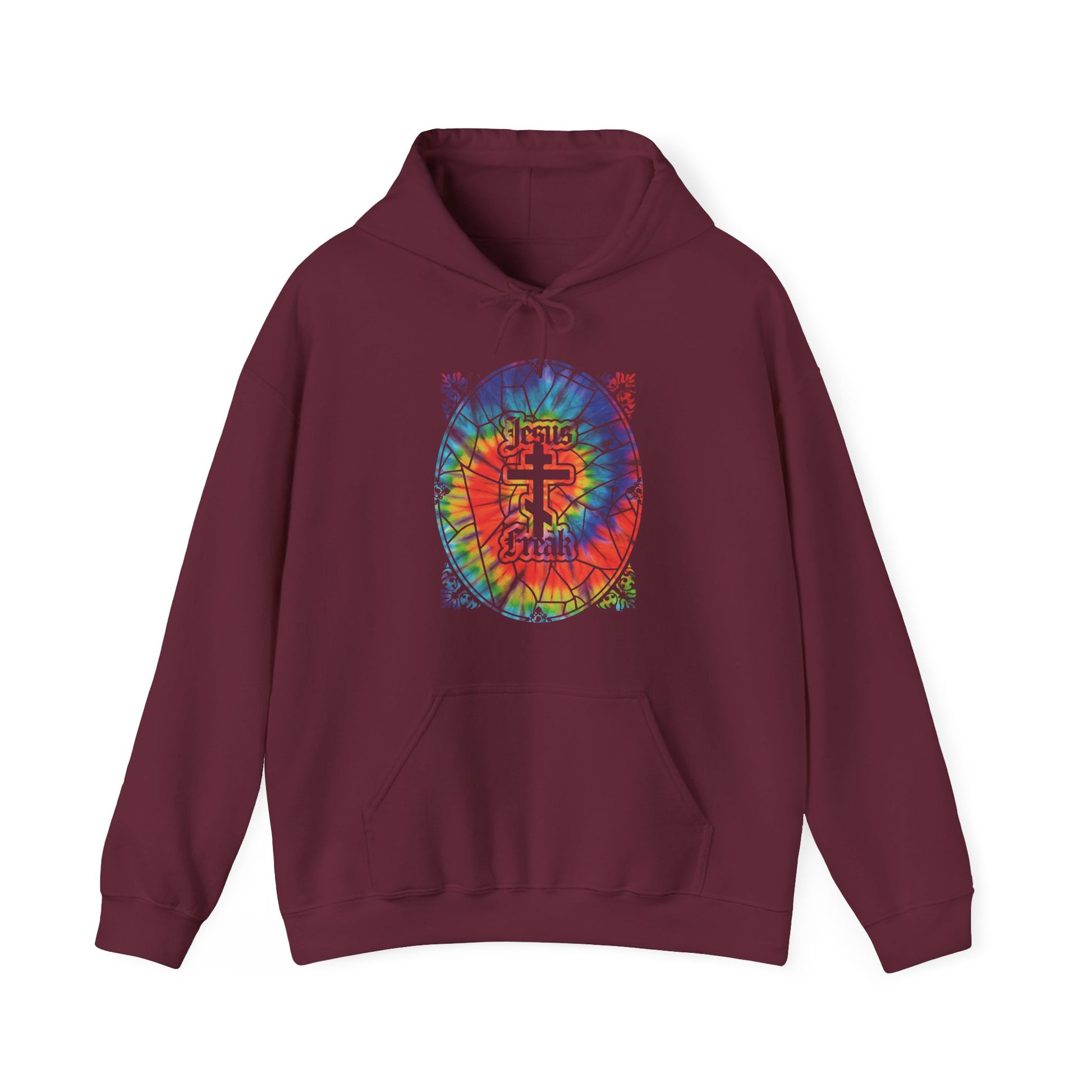 Maroon hoodie with a tie-dyed stained-glass Orthodox cross and "Jesus Freak" design, inspired by 70s Jesus Movement hippie faith and Christian style.