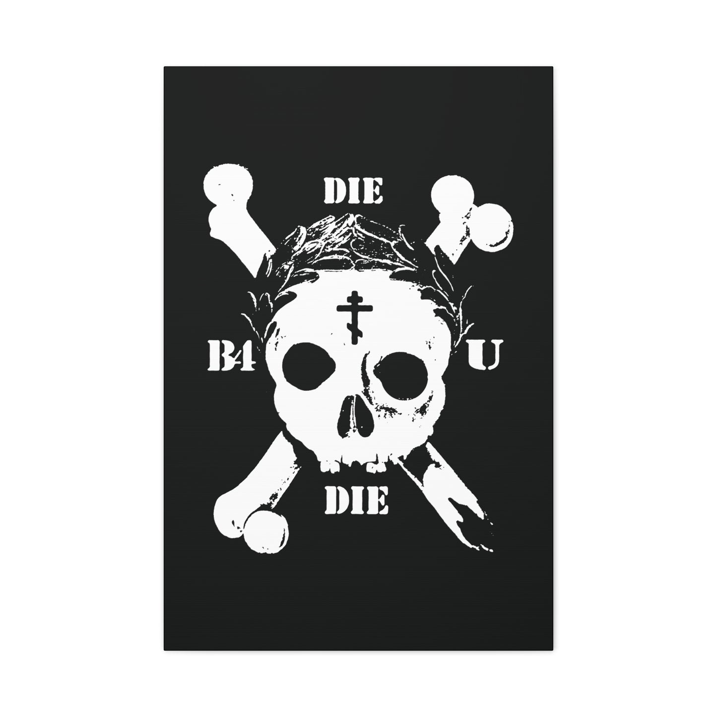 The Die Before You Die wall art features a retro skull & crossbones, Orthodox cross, laurel victory wreath, and “Memento Mori” theme—reminding us to deny ourselves and take up our cross, inspired by Matthew 16:24-25.