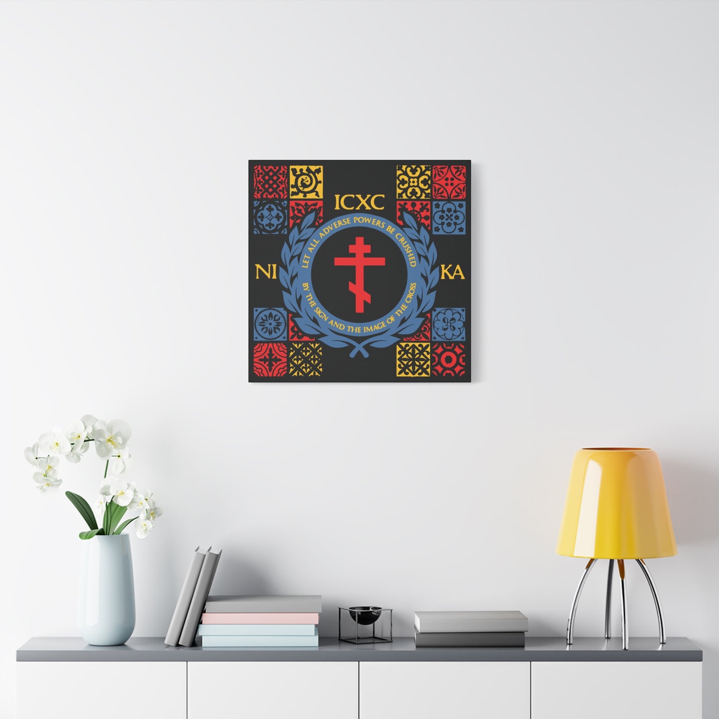 Let All Adverse Powers Be Crushed (Red, Yellow & Blue Design) | ICXC NIKA | Medieval Tile Design | Orthodox Christian Canvas Art