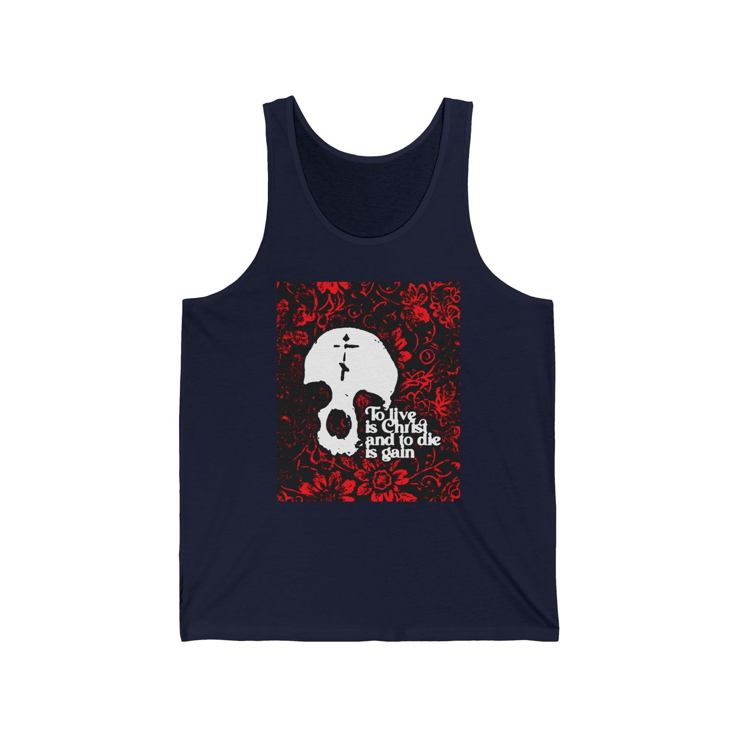 To Live is Christ To Die is Gain (Phil 1:21) | Skull with Cross on Red Floral Texture | Orthodox Christian Jersey Tank Top / Sleeveless Shirt