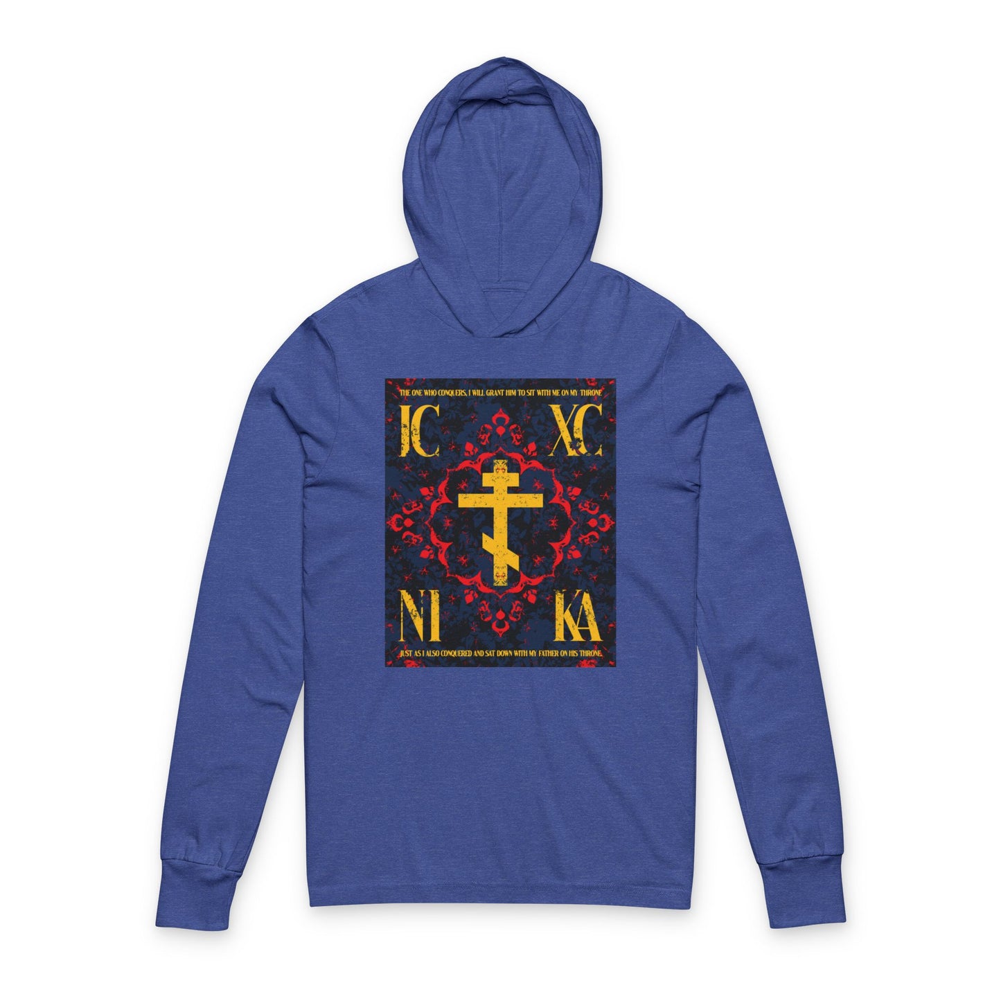 IC XC NIKA Orthodox Cross | Medieval Floral Design | The One Who Conquers (Revelation 3:21) | Orthodox Long Sleeve Hooded Shirt