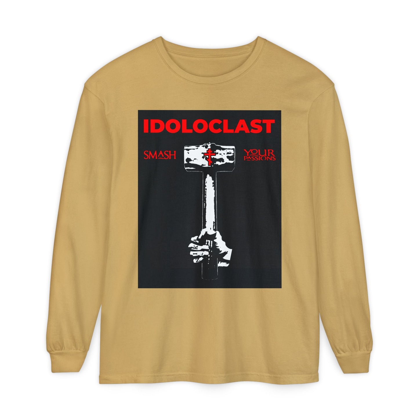 Mustard long-sleeve shirt featuring a graphic of Jesus’ fist with a sledgehammer and the text IDOLOCLAST, inspired by Orthodox Christian asceticism and the call to “smash your passions.”.