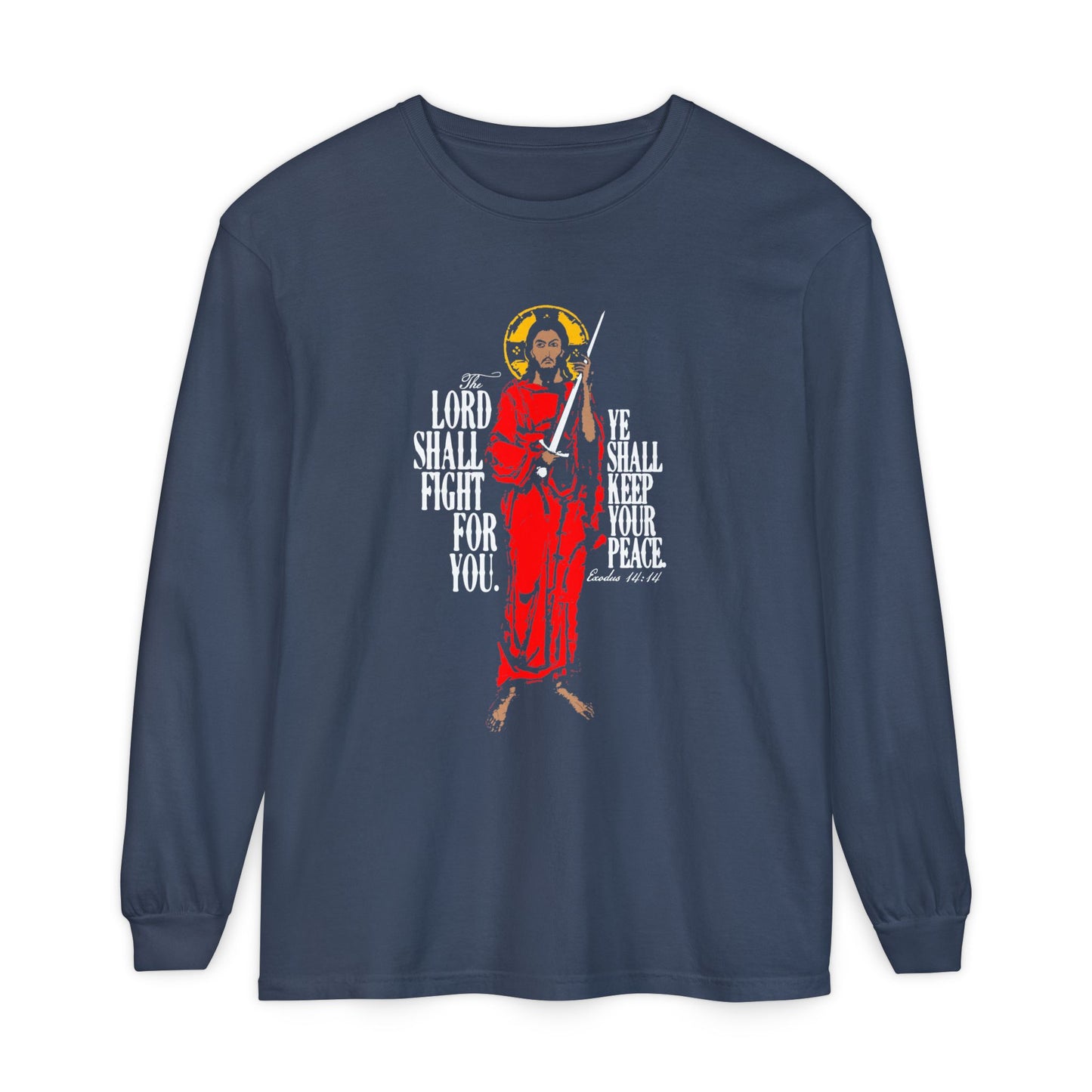 The Lord Shall Fight For You (Exodus 14:14) | Jesus Christ with Sword IconoGraphic | Orthodox Christian Long Sleeve Shirt