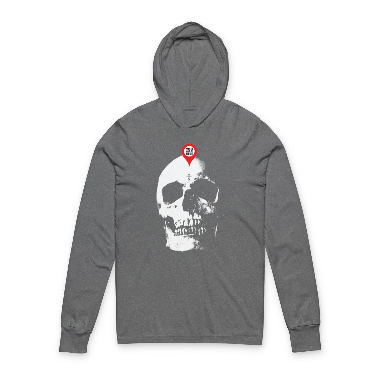 Grey TriBlend hoodie with "You Will Be Here Maps Marker on Skull" design—a white skull graphic with a red map pin on the forehead. A Memento Mori message: “What You Are I Once Was | Remember You Will Die.” Orthodox Hooded Shirt.
