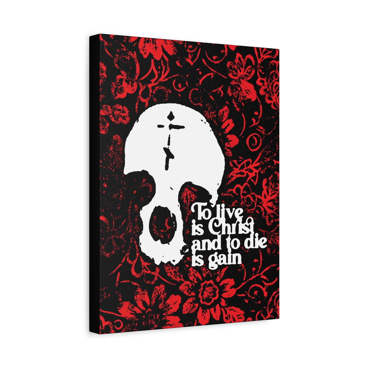 To Live is Christ To Die is Gain (Phil 1:21) | Skull with Cross on Red Floral Texture | Orthodox Christian Canvas Art