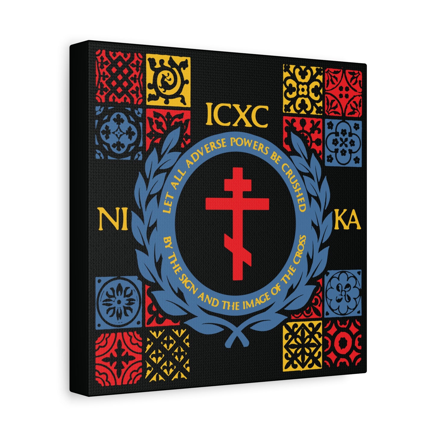 Let All Adverse Powers Be Crushed (Red, Yellow & Blue Design) | ICXC NIKA | Medieval Tile Design | Orthodox Christian Canvas Art