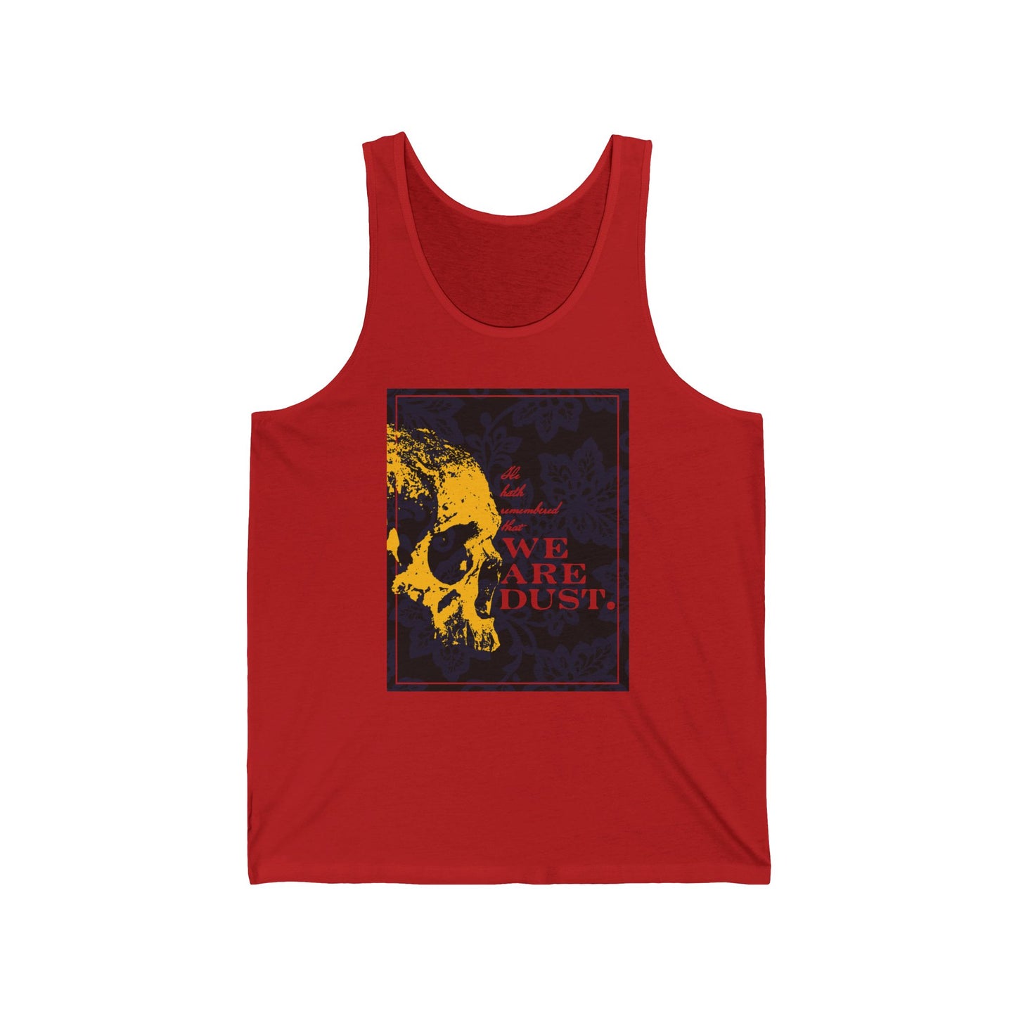 Red “We Are Dust” Orthodox Christian tank top with yellow skull on blue floral background, red text, and gothic style. Inspired by Ps. 102/103 (“Memento Mori”).