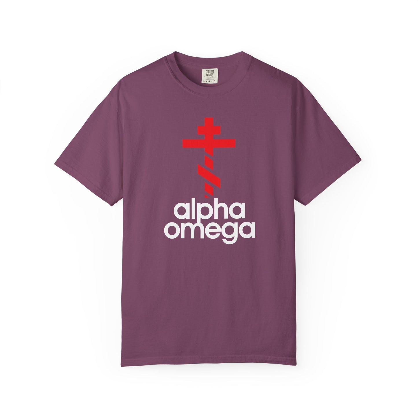 Berry-colored “Alpha & Omega Red Orthodox Cross (Large Design)” unisex tee, featuring a bold red cross and “alpha omega” in striking white letters on the front—a minimalist Adidas-inspired logo mashup symbolizing Christian life, prayer, and repentance.