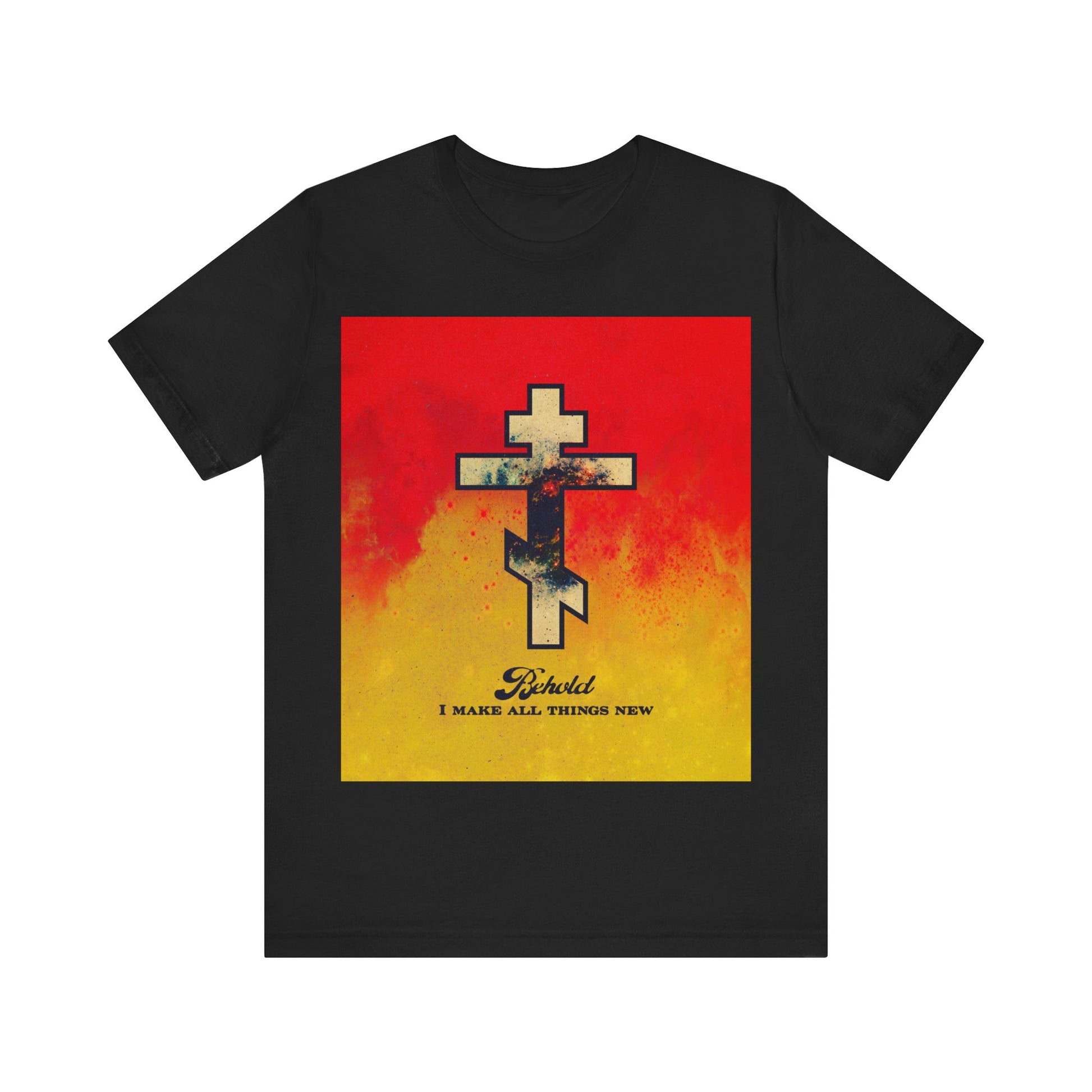 Black "Behold, I Make All Things New" (Rev 21:5) Orthodox Christian t-shirt features a cosmic cross on red and yellow background—an inspiring cotton tee for new creation believers.
