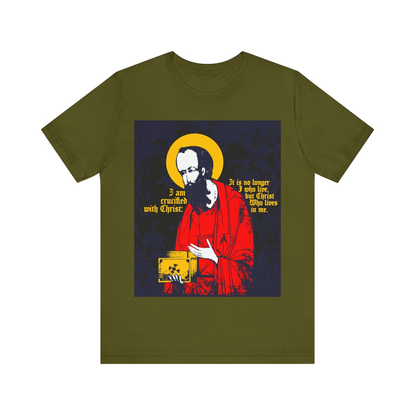 Olive St Paul Holding Gospel Iconographic T-shirt with “I am crucified with Christ” (Galatians 2:20), an Orthodox Christian design celebrating new life in Christ.