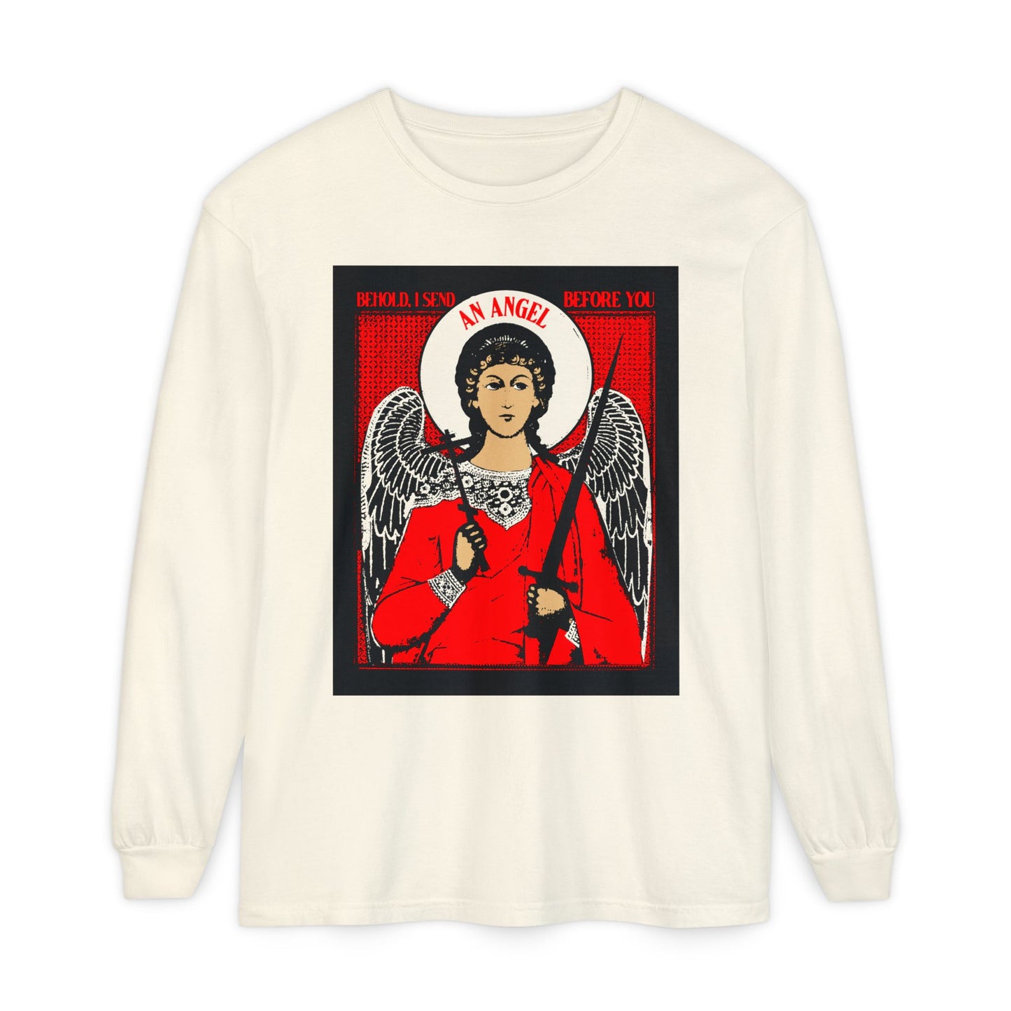 Behold, I Send an Angel Before You (Exodus 23:20) | Guardian Angel With Cross and Sword IconoGraphic | Orthodox Christian Long Sleeve Shirt