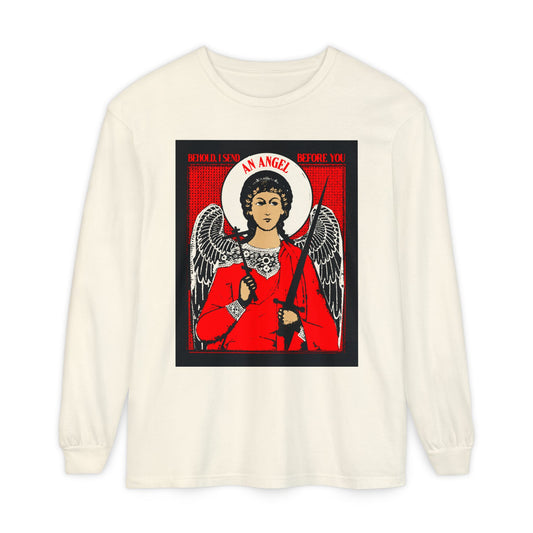Behold I Send an Angel Before You (Ex 23:20) | Guardian Angel With Cross & Sword IconoGraphic | Orthodox Christian Long Sleeve Shirt