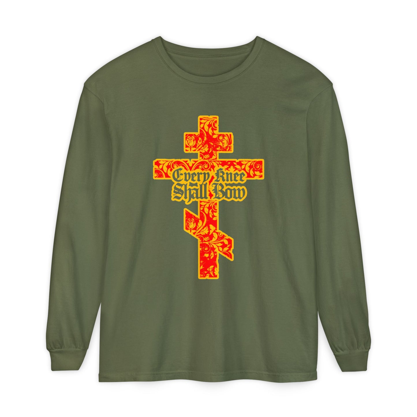 Olive green long sleeve featuring a gold and red floral Orthodox cross with gothic "Every Knee Shall Bow" text and scripture refs (Isaiah 45:22–24, Phil 2:7–11)—proclaiming Jesus Christ is Lord.