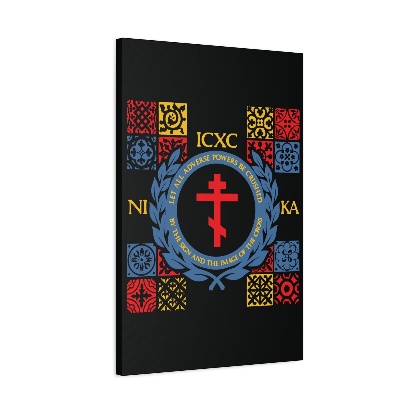 Let All Adverse Powers Be Crushed (Red, Yellow & Blue Design) | ICXC NIKA | Medieval Tile Design | Orthodox Christian Canvas Art