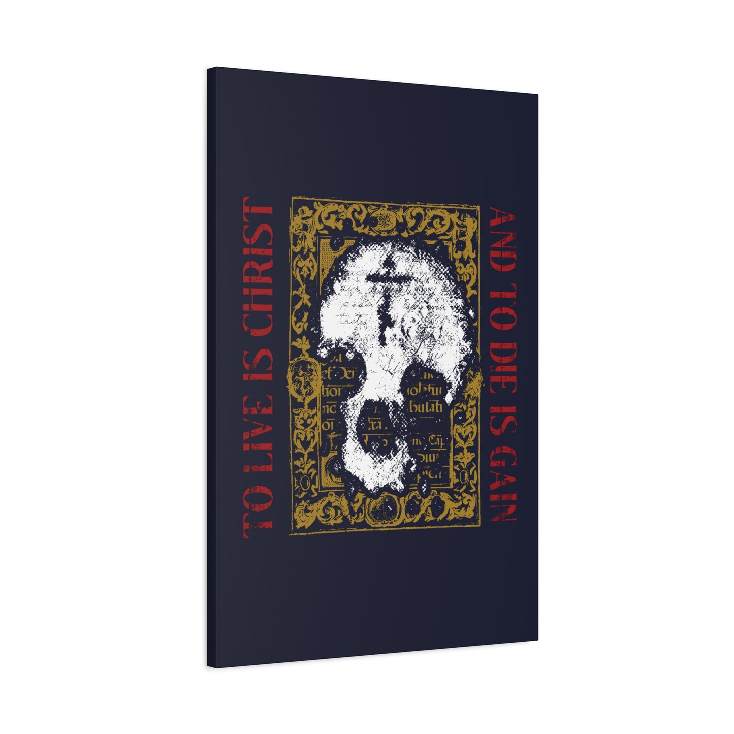 To Live is Christ, to Die is Gain (Philippians 1:21) | Skull with Cross on Gold Manuscript Texture | Orthodox Christian Canvas Art