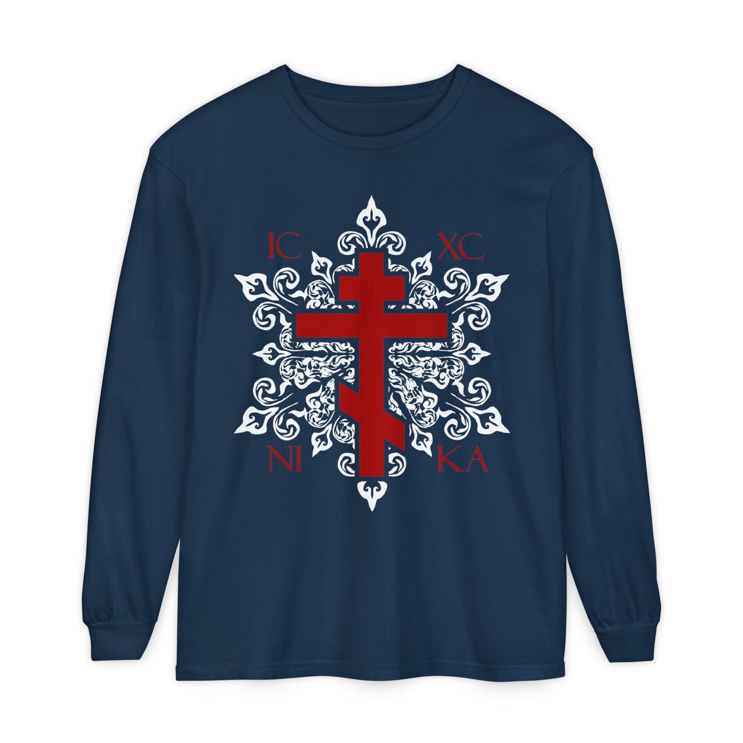 ICXC / NIKA Red Orthodox Cross on Ornate White Medieval Floral Design | Exclusive Best-Selling | Orthodox Christian Long Sleeve Shirt