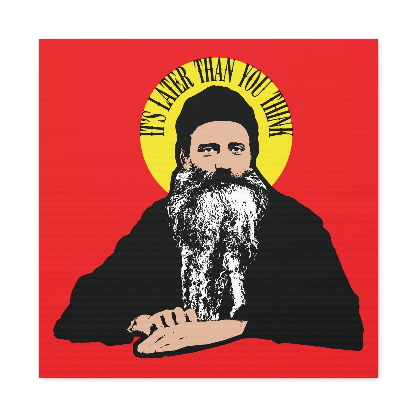 It's Later Than You Think | Fr Seraphim Rose Quote in Yellow Halo features modern Orthodox Christian wall art with a bearded saint, yellow halo, and red background, inspiring reflection on life’s journey.