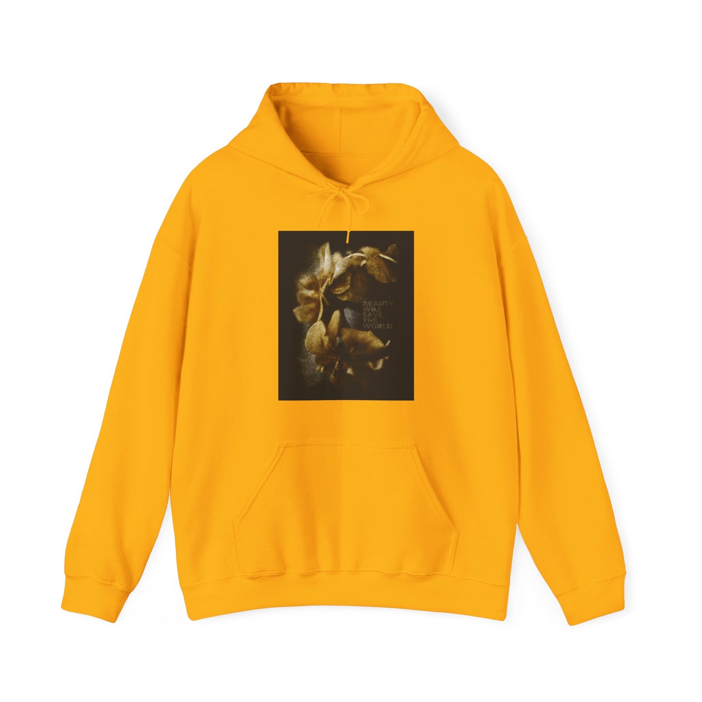 Gold “Beauty Will Save the World” hoodie featuring a dark floral graphic and text glorifying Jesus Christ, Universal Creator & King—a photographic artwork celebrating beauty and creation.