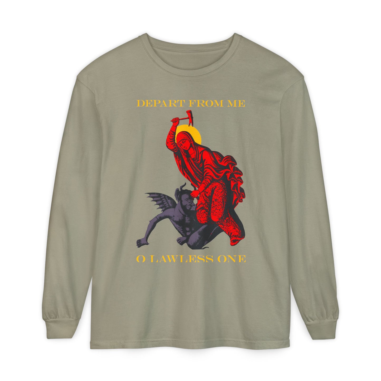 St Marina IconoGraphic (Depart from Me O Lawless One) | Saint Beating the Devil with a Hammer | Orthodox Christian Cotton Long Sleeve Shirt