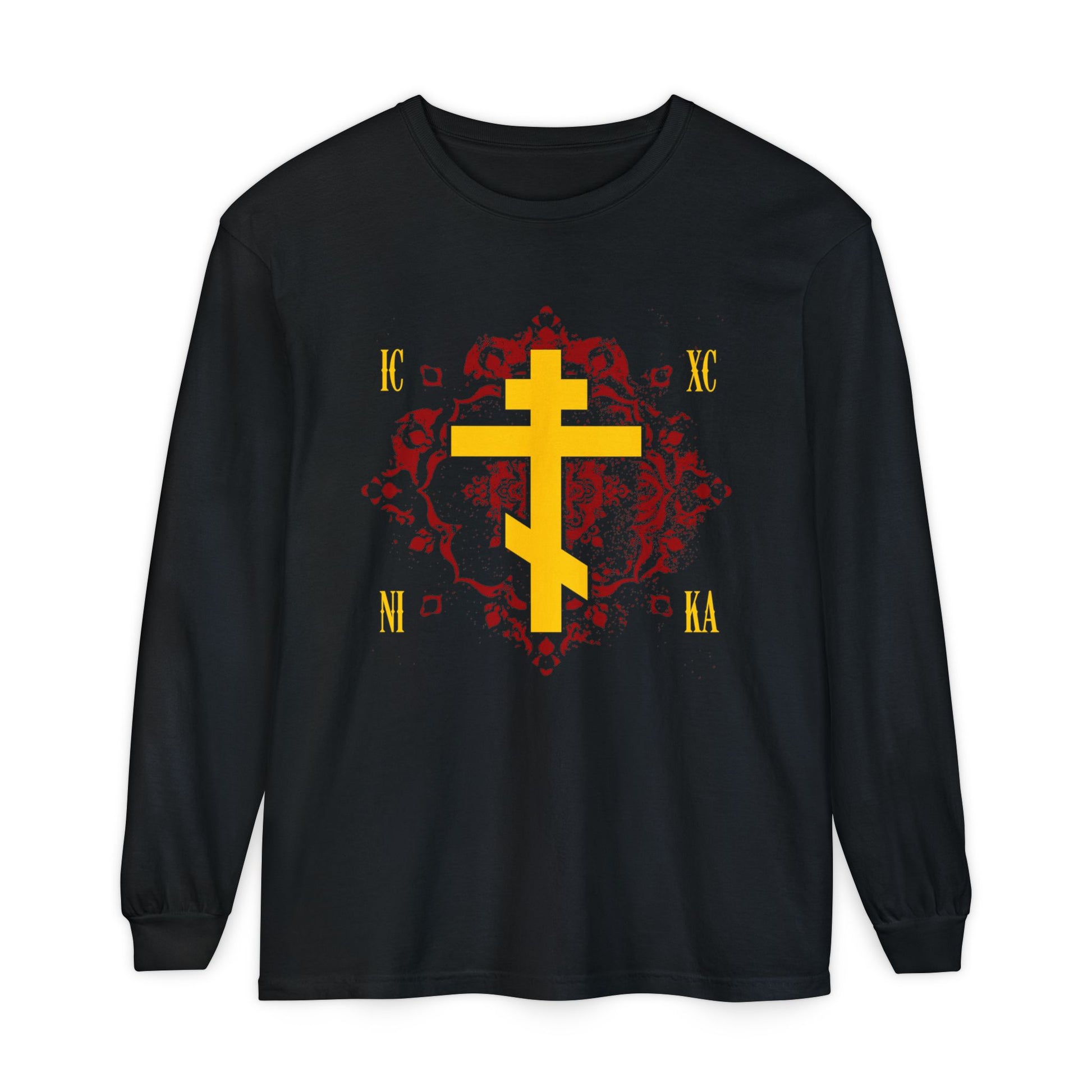 Black long-sleeve Orthodox Christian shirt featuring a yellow Russian Cross on an ornate red background with ICXC NIKA—Jesus Christ Conquers—design, inspired by St. Kosmas Aitolos.
