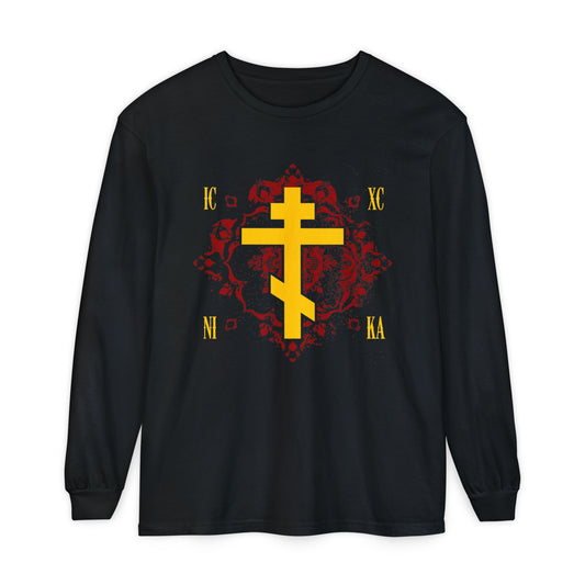 Black long-sleeve Orthodox Christian shirt featuring a yellow Russian Cross on an ornate red background with ICXC NIKA—Jesus Christ Conquers—design, inspired by St. Kosmas Aitolos.