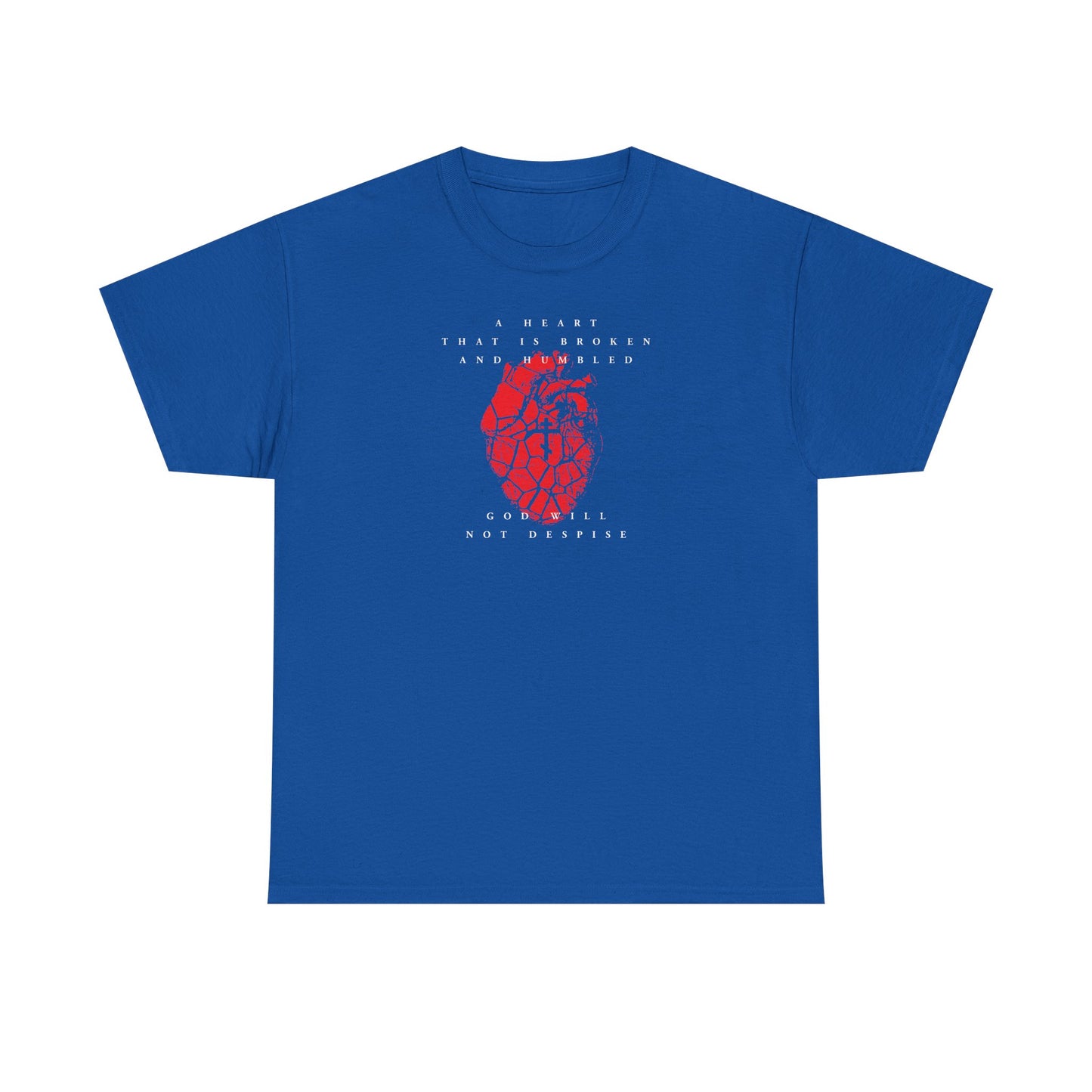 Royal t-shirt with a red cracked heart and Orthodox cross graphic, featuring white text inspired by Psalm 51—a message of repentance: "A Heart That is Broken and Humbled God Will Not Despise." Christian heavy cotton.