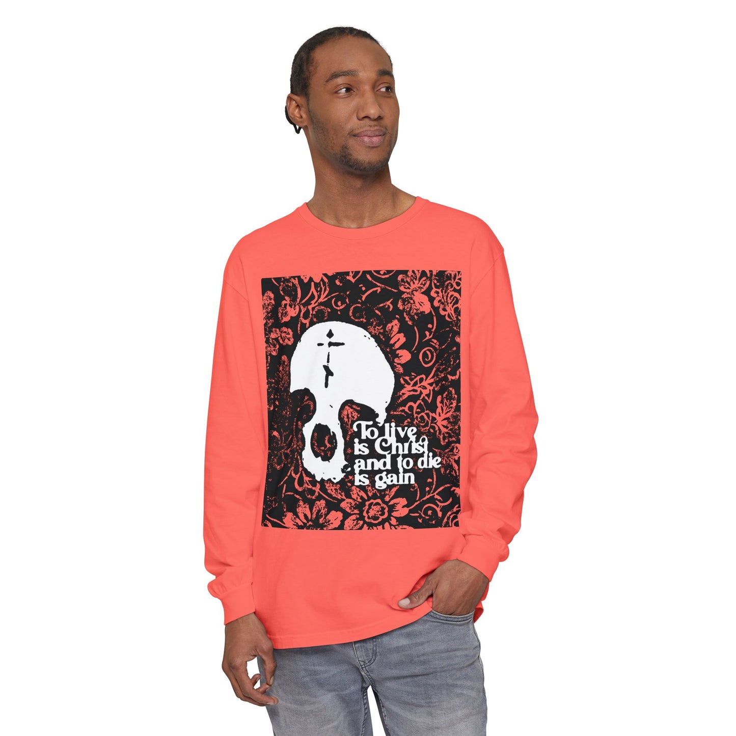 To Live is Christ To Die is Gain (Phil 1:21) | Skull with Cross on Red Floral Texture | Orthodox Christian Long Sleeve Shirt