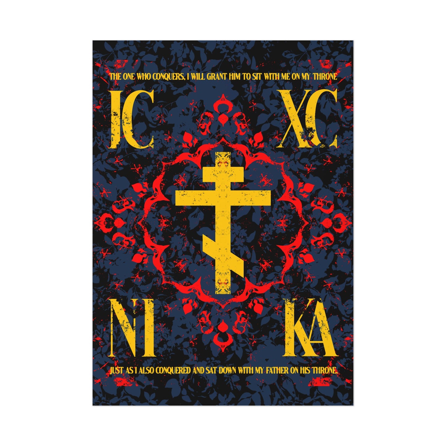 IC XC NIKA Orthodox Cross | Medieval Floral Design | The One Who Conquers (Revelation 3:21) | Orthodox Christian Art Poster