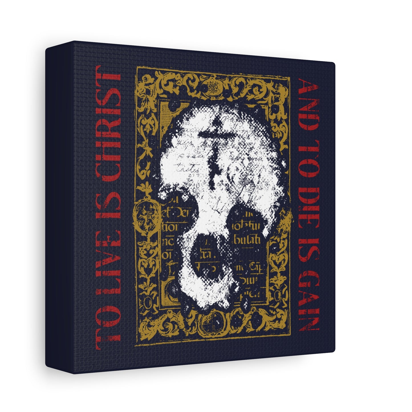 To Live is Christ, to Die is Gain (Philippians 1:21) | Skull with Cross on Gold Manuscript Texture | Orthodox Christian Canvas Art