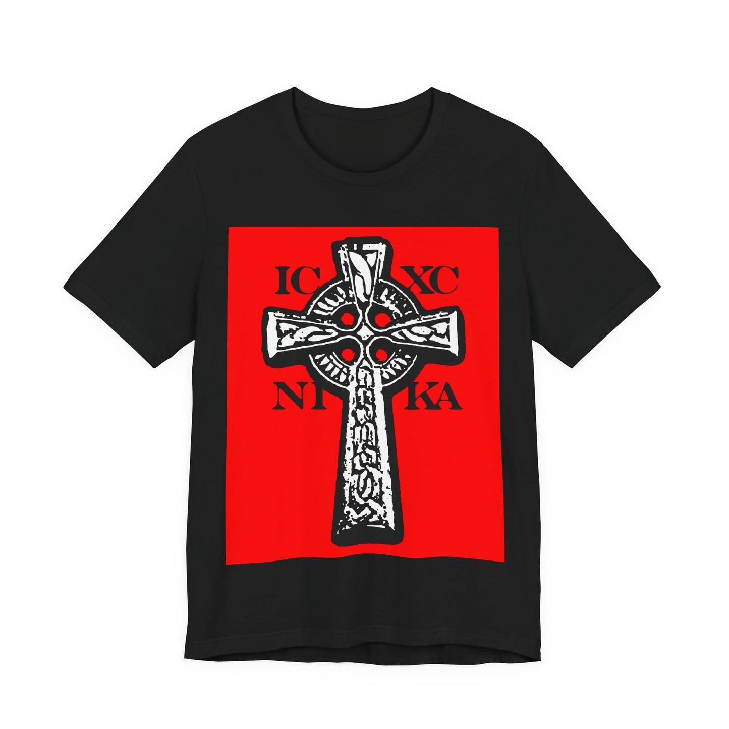 Black ICXC NIKA Celtic Knotwork Cross T-shirt features a white cross on a red square with “IC XC NIKA” signifying “Jesus Christ Conquers” in Orthodox Christian tradition.