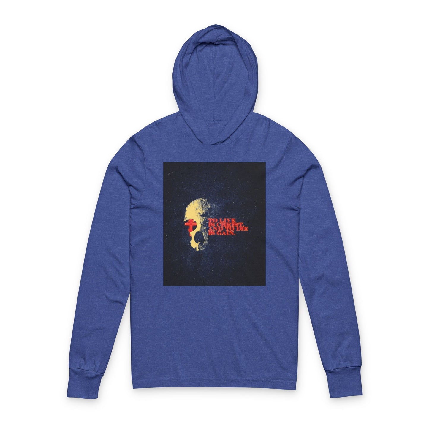 To Live is Christ and to Die is Gain | Phil 1:21 | Retro Texture | Glowing Letters and Cross with Skull | Orthodox Long Sleeve Hooded Shirt