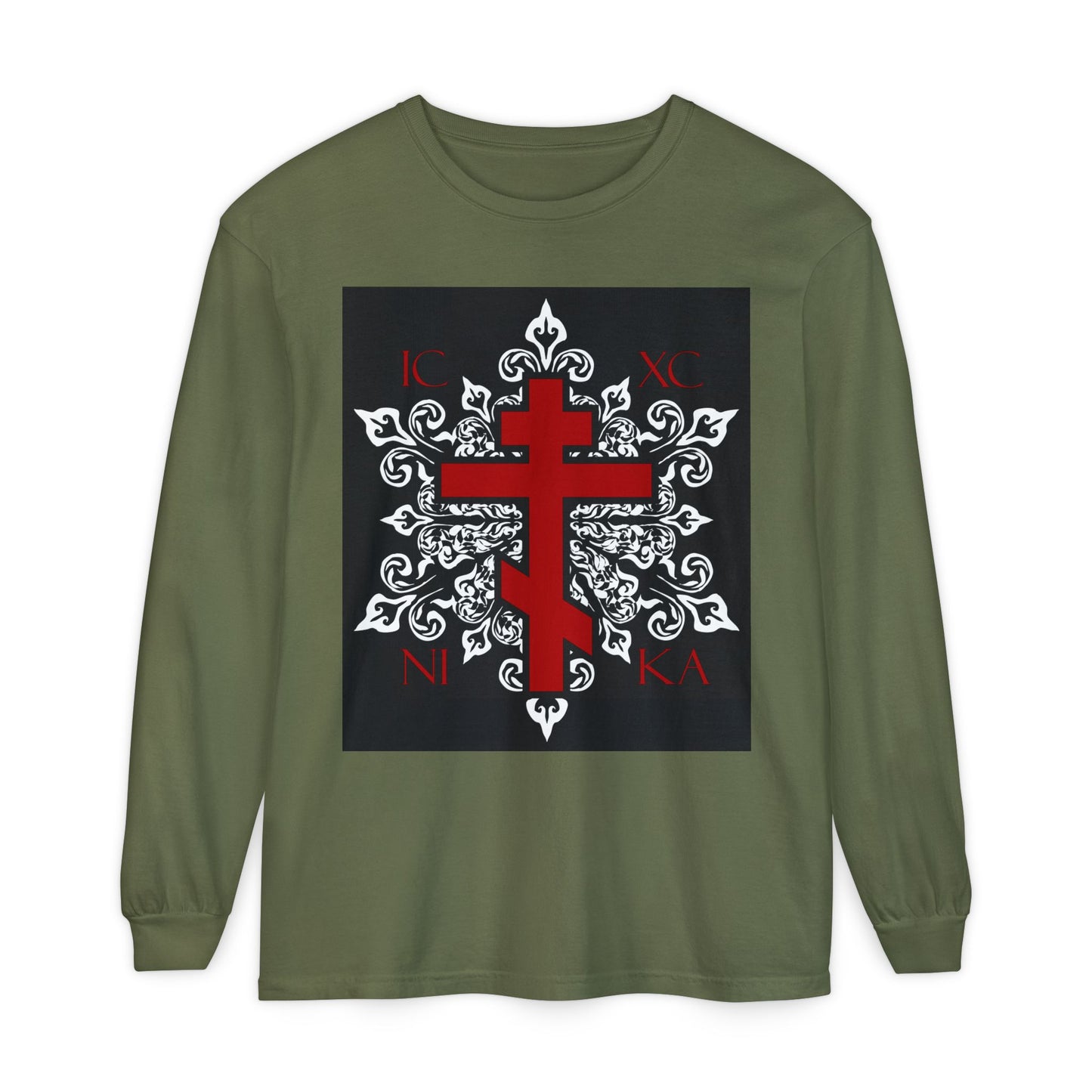 ICXC / NIKA Red Orthodox Cross on Ornate White Medieval Floral Design | Exclusive Best-Selling | Orthodox Christian Long Sleeve Shirt