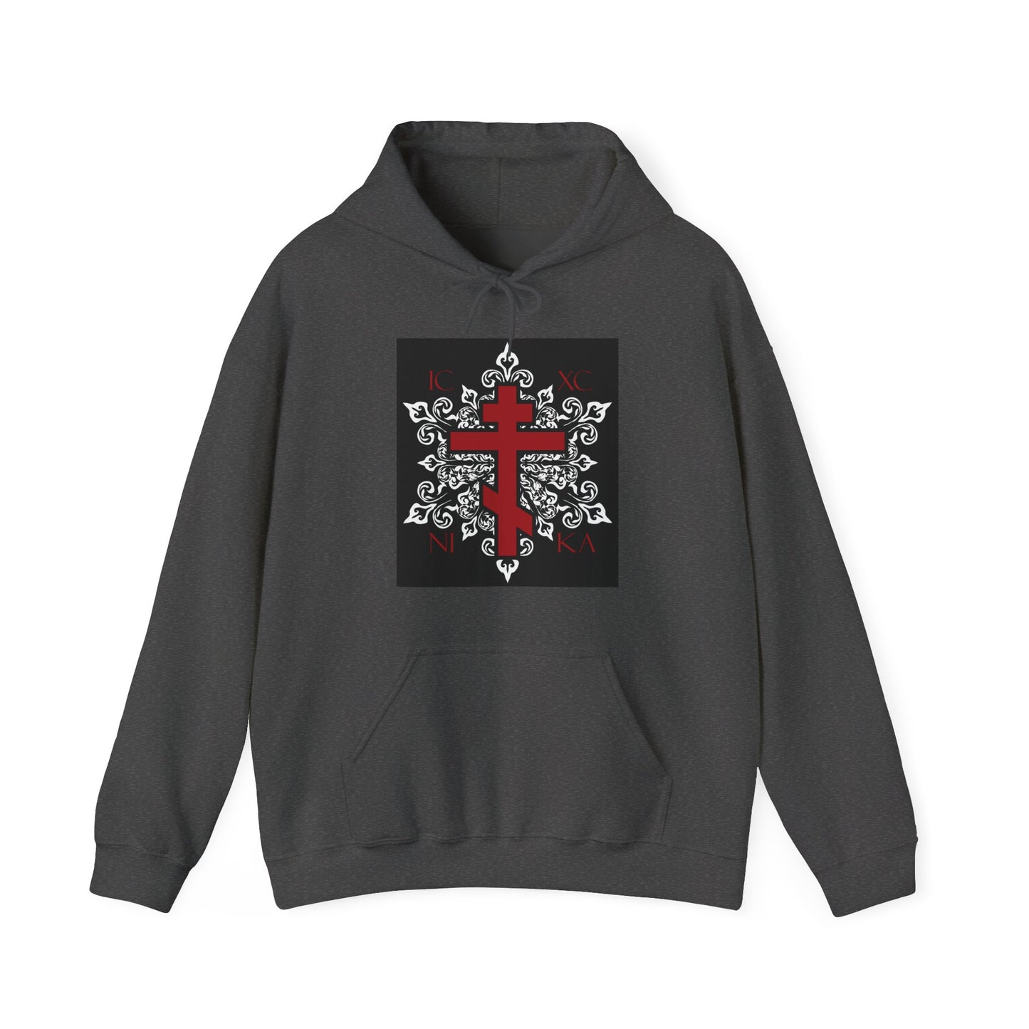 ICXC / NIKA Red Orthodox Cross on Ornate White Medieval Floral Design | Exclusive Best-Selling | Orthodox Christian Hoodie