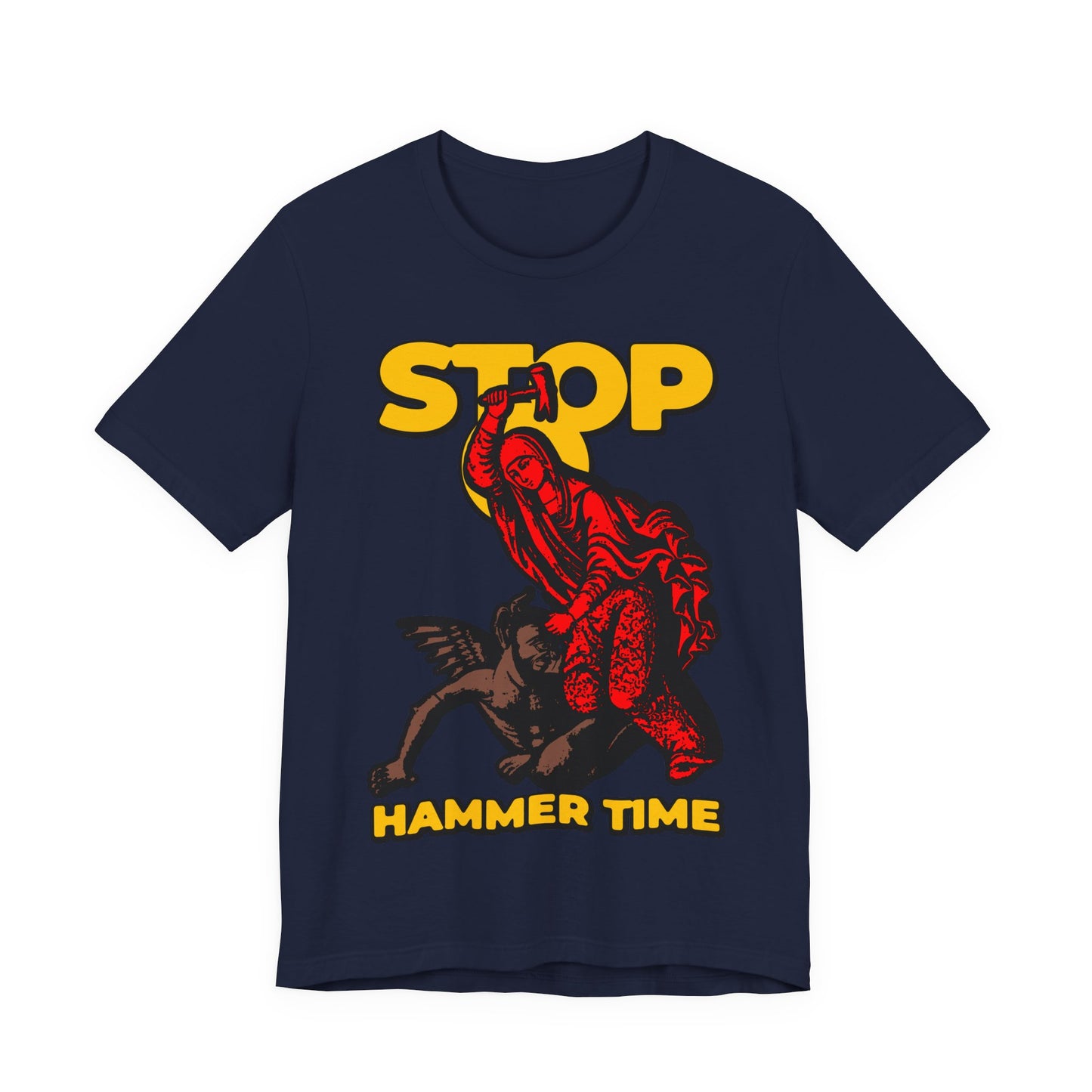 Navy unisex tee featuring St Marina of Antioch beating the devil with a hammer, "Stop, Hammer Time" text, and bold red, blue, and yellow design. Modern Orthodox meme inspired by the Christian martyr.