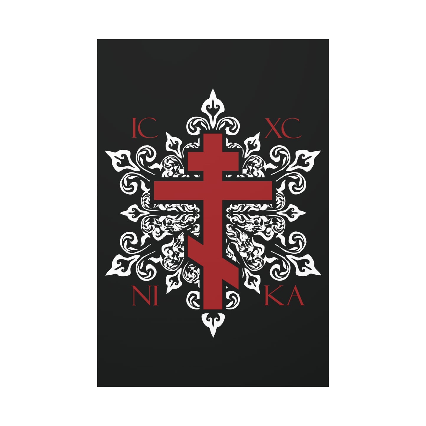 ICXC / NIKA Red Orthodox Cross on Ornate White Medieval Floral Design | Exclusive Best-Selling | Orthodox Christian Canvas Art