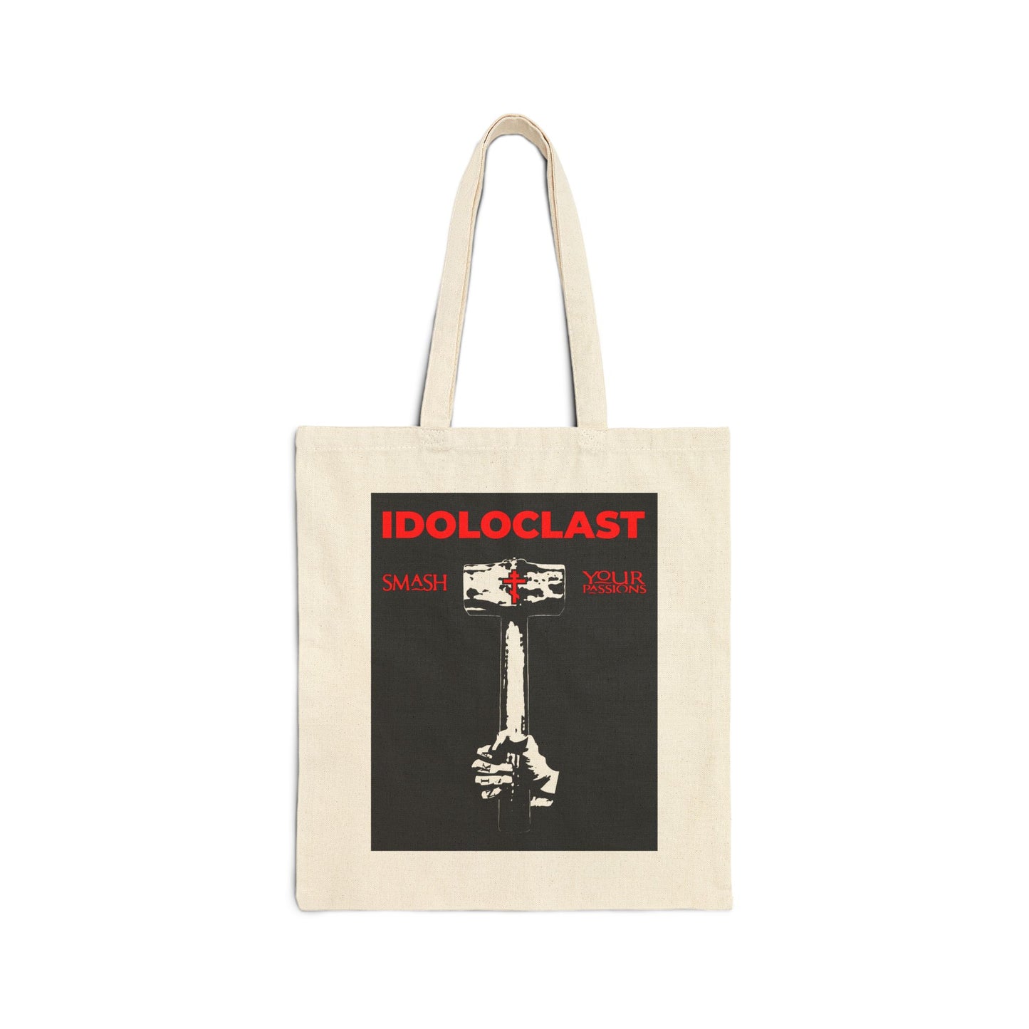 Natural tote bag featuring a graphic of Jesus’ fist with a sledgehammer and "IDOLOCLAST"—inspired by Orthodox Christian asceticism and St. Macarius of Optina. ICXC NIKA. Smash your passions with style.