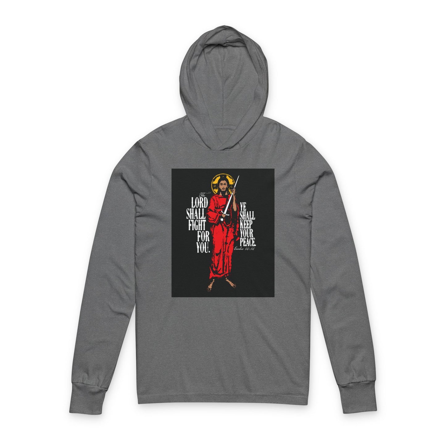 The Lord Shall Fight For You (Exodus 14:14) | Jesus Christ with Sword IconoGraphic | Orthodox Christian Long Sleeve Hooded Shirt