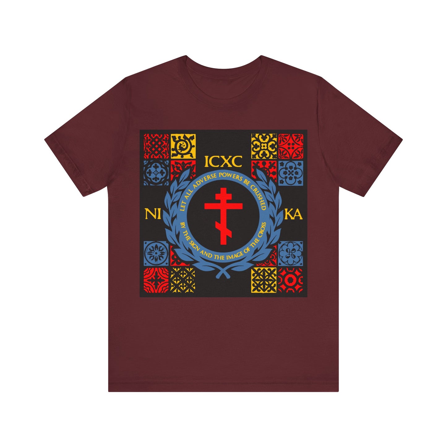 Let All Adverse Powers Be Crushed (Red, Yellow & Blue Design) | ICXC NIKA | Medieval Tile Design | Orthodox Christian T-Shirt