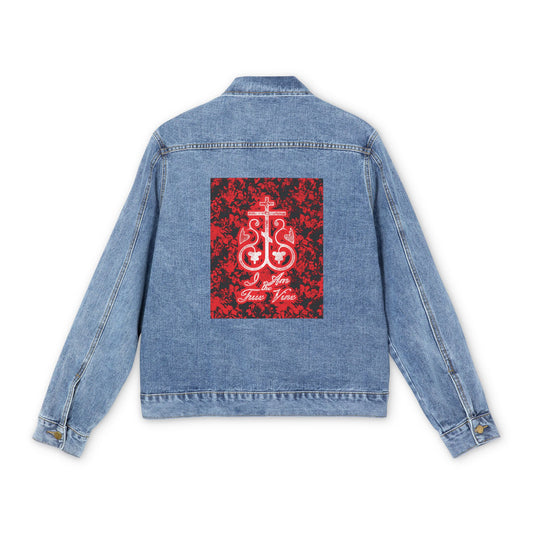 I Am the True Vine (John 15:1) | Orthodox Cross Vine Monogram | Red and Black Floral Design | Orthodox Christian Custom Blue Denim Jacket