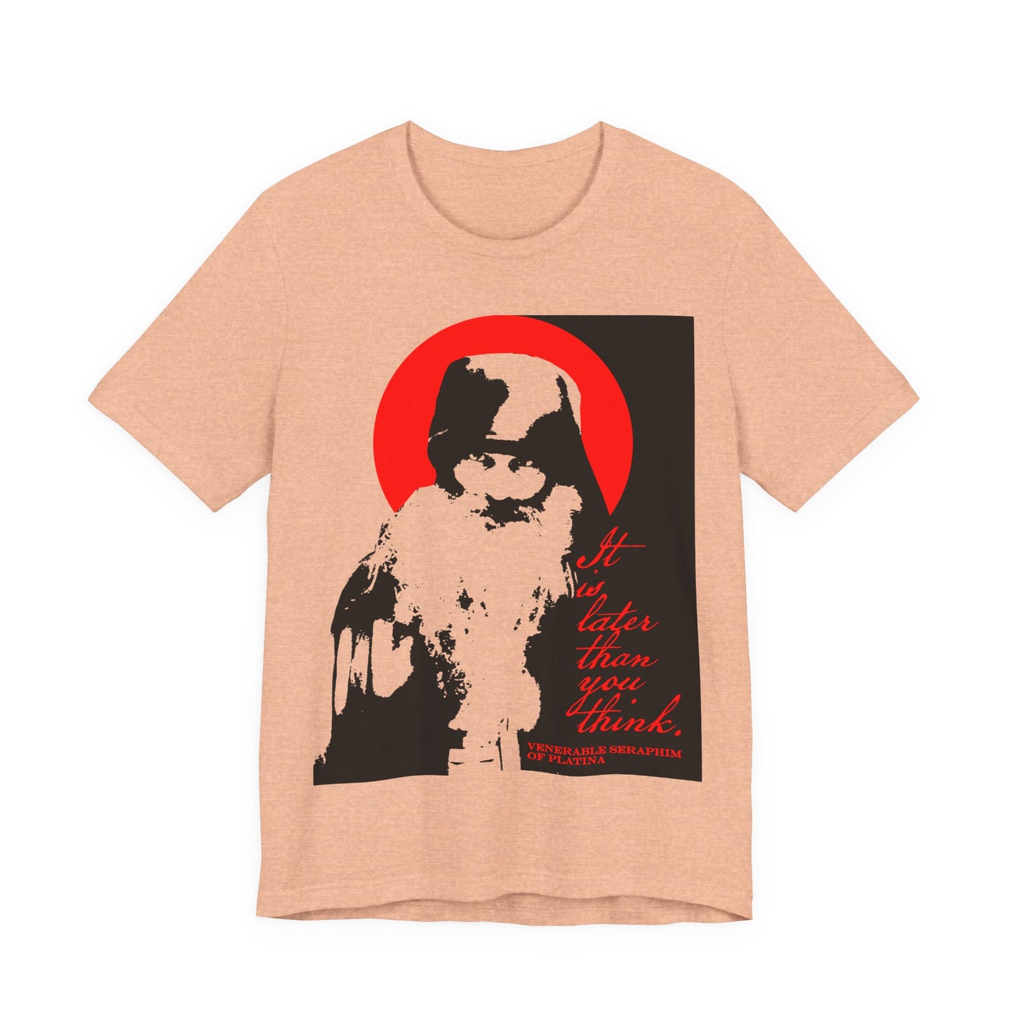 Heather Peach T-shirt featuring a high-contrast black, white, and red design of Fr Seraphim Rose with "It's Later Than You Think"—a modern Orthodox saint's memento mori, inspiring spiritual discipline.