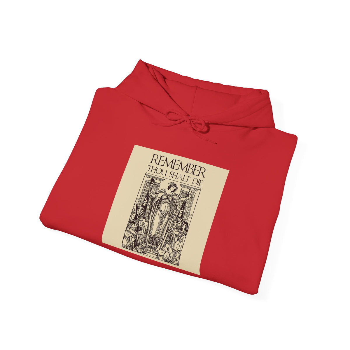 Sure! Here’s a rewritten version that incorporates your product data: A red hoodie with a beige panel, featuring the “Remember You Will Die” Shakespearean design in classic woodcut illustration aesthetic—a striking nod to Memento Mori and the timeless Orthodox Christian reminder echoed in St Ephraim the Syrian’s lamentations.