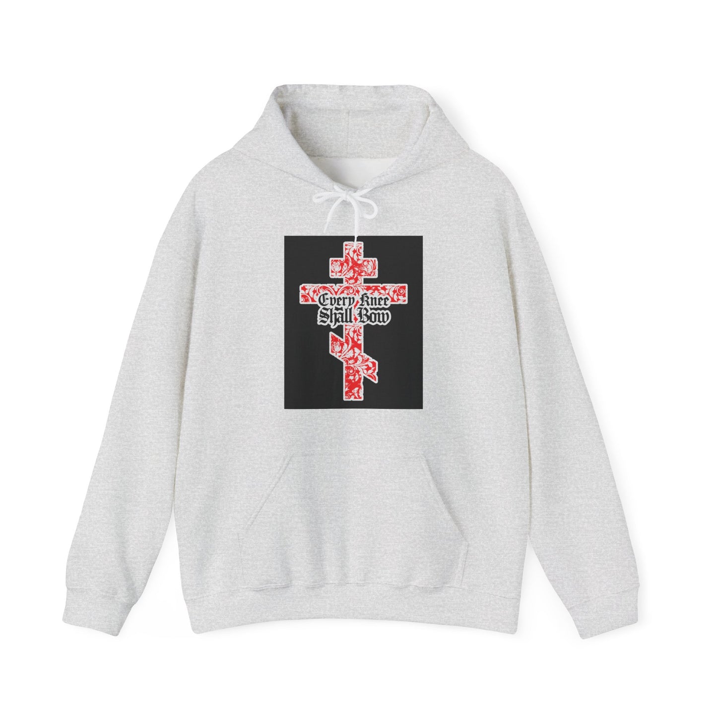 Light gray hoodie featuring a gold and red floral Orthodox cross with gothic lettering, “Every Knee Shall Bow” (Isaiah 45:22-24, Phil 2:7-11), declaring Jesus Christ is Lord.