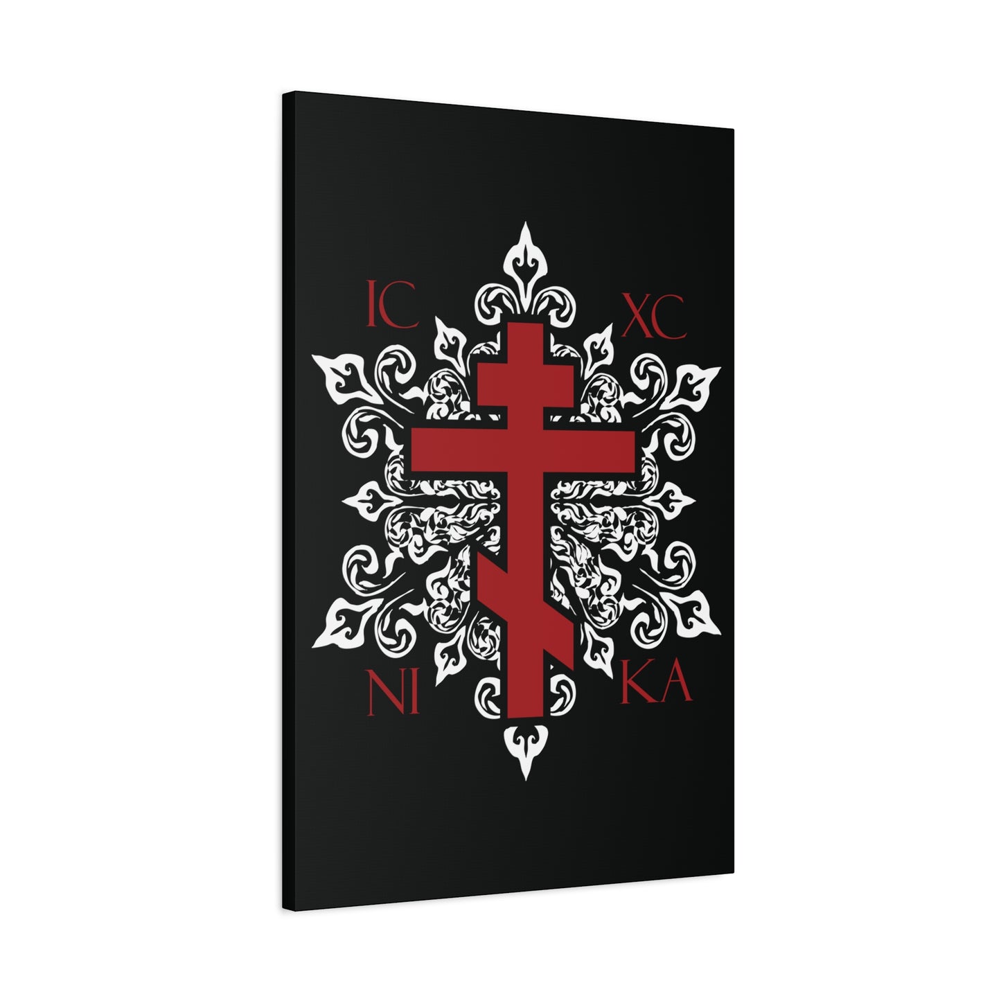 ICXC / NIKA Red Orthodox Cross on Ornate White Medieval Floral Design | Exclusive Best-Selling | Orthodox Christian Canvas Art