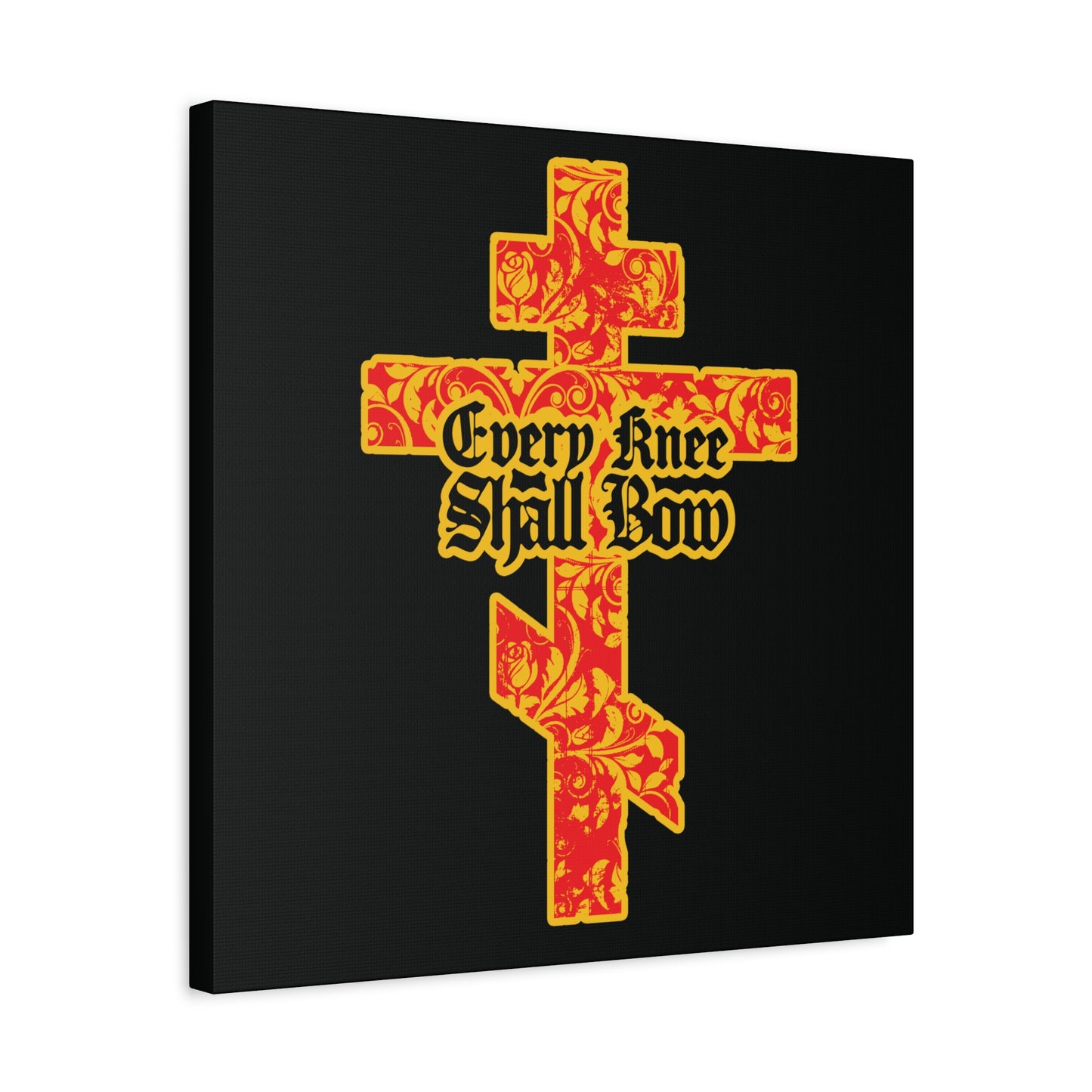 The "Every Knee Shall Bow" wall art features a gold and red floral Orthodox cross with black Gothic lettering, referencing Isaiah 45:22-24 and Phil 2:7-11, declaring Jesus Christ is Lord.