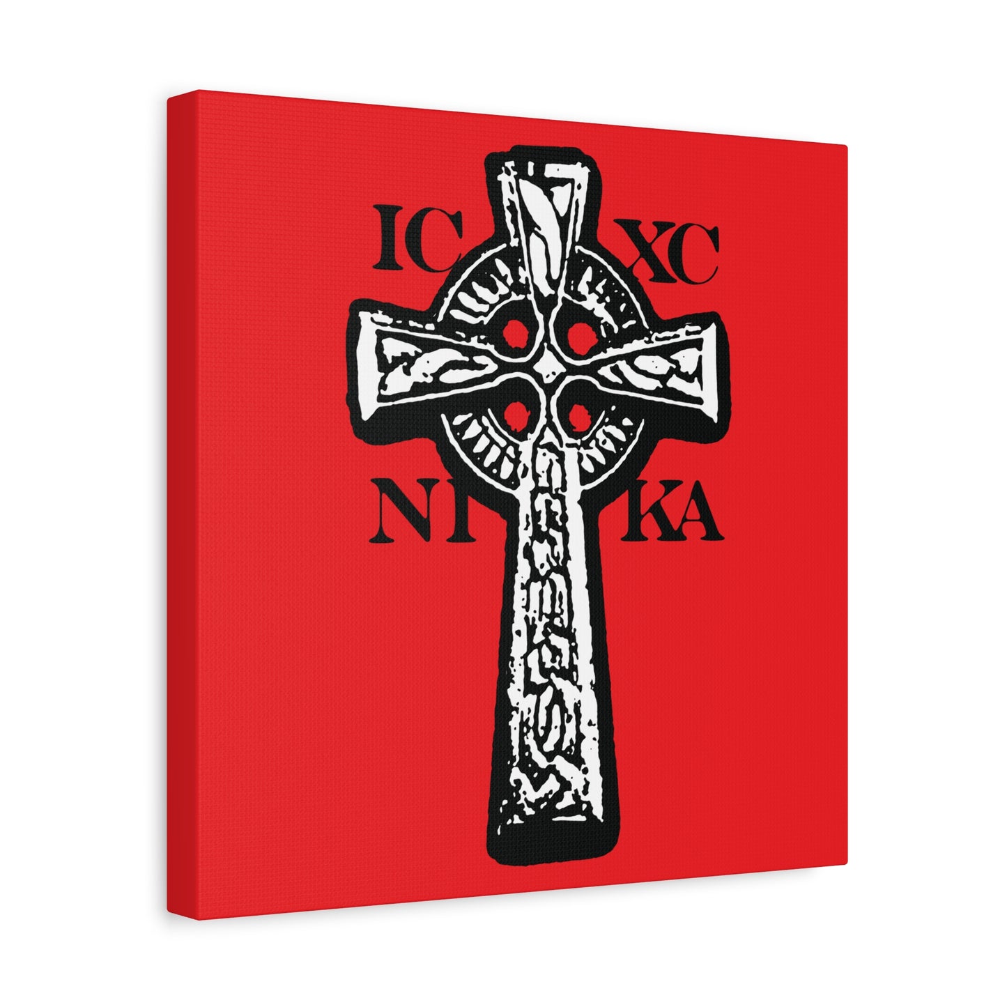 The ICXC NIKA Celtic Knotwork Cross is a black and white Orthodox Christian wall art piece featuring "Jesus Christ Conquers" on a red background, symbolizing the power of the Cross and salvation.